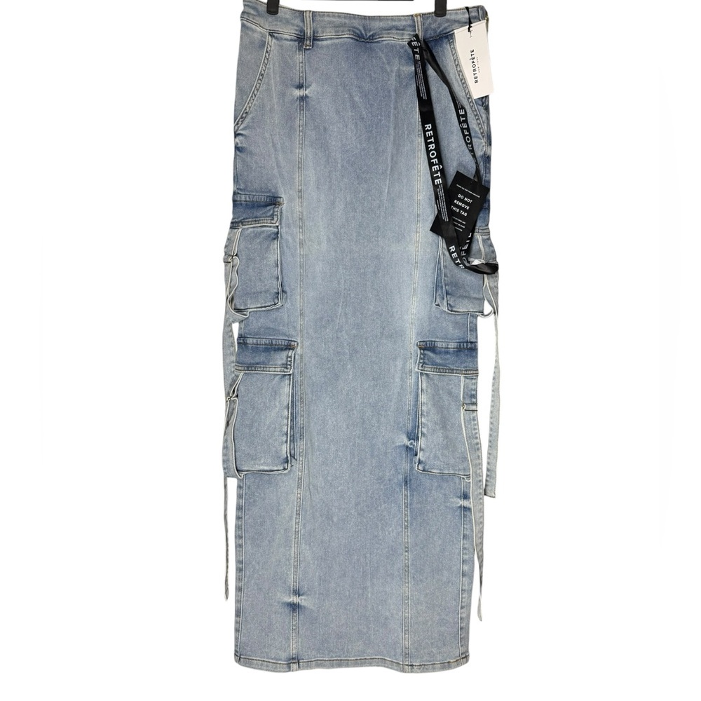 Retrofete Cerise Denim Cargo Maxi Skirt Sz 0 VTG Light Wash Festival Rave NWT